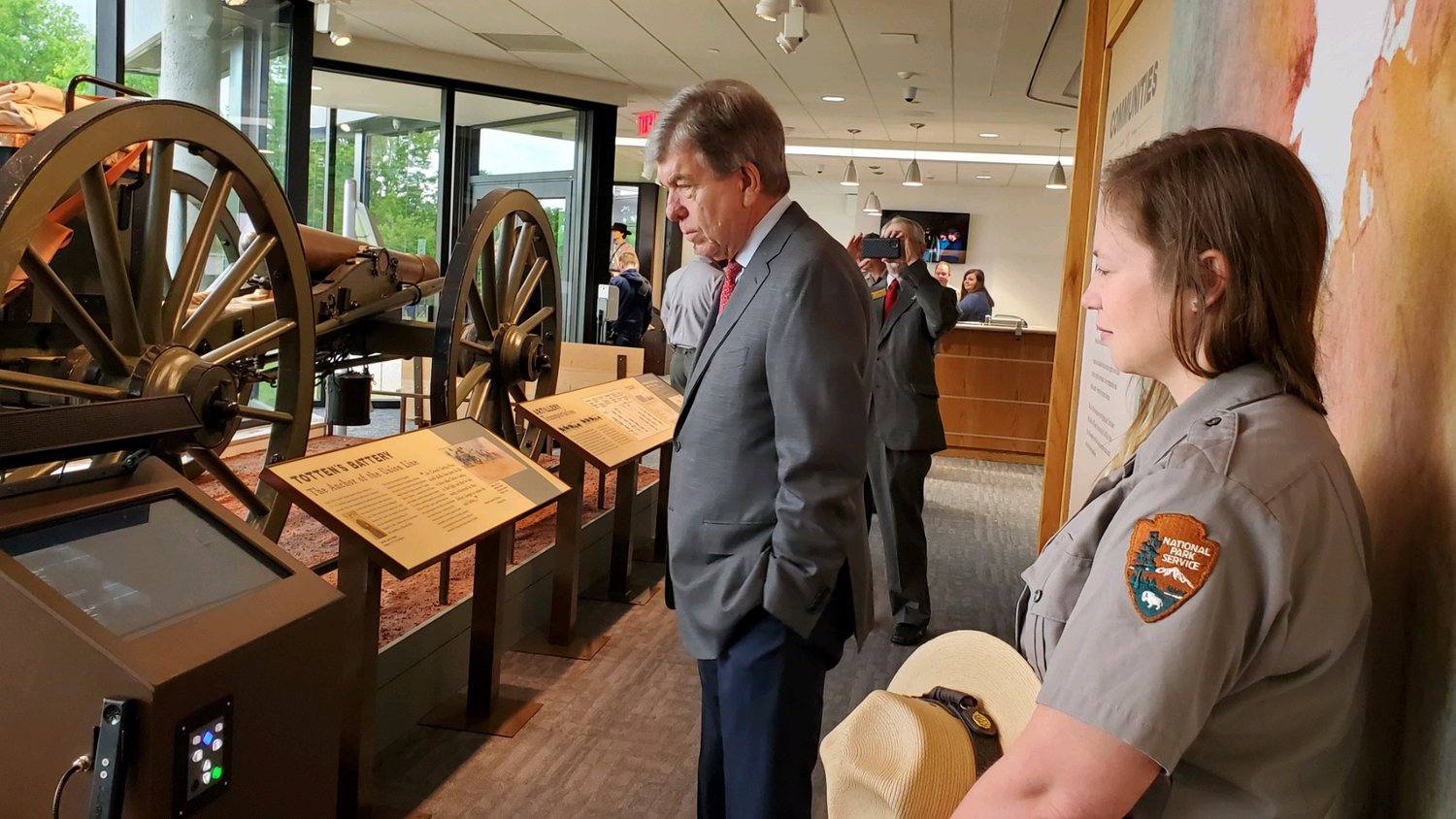MUSEUM TOURSarah Cunningham, superintendent of Wilson’s Creek National Battlefield, on May 28 shows U.S. Sen. Roy Blunt, R-Missouri, the park’s newly remodeled museum and visitor center. Blunt was in town to commemorate the reopening of the center after millions of dollars worth of renovations and expansions. The center welcomes guests to the 2,010-acre park.